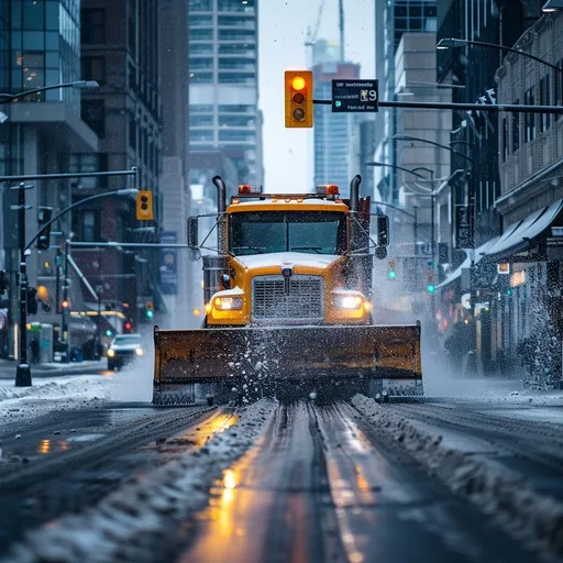 Winter road treatment vehicle on a snowy Washington road