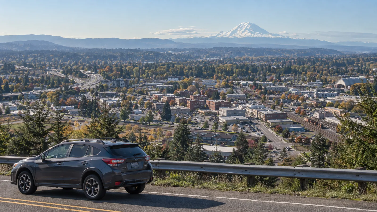 Road through Puyallup with Mount Rainier in the distance